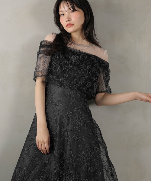 ラメ刺繍 花柄 フレア Aライン ワンピース ドレス パーティー 結婚式