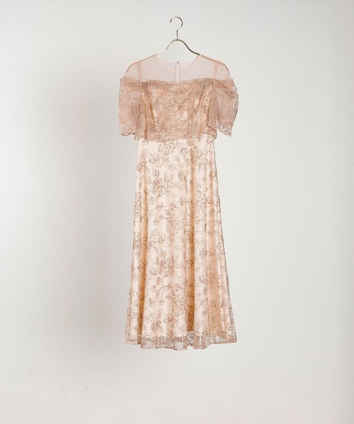 ラメ刺繍 花柄 フレア Aライン ワンピース ドレス パーティー 結婚式