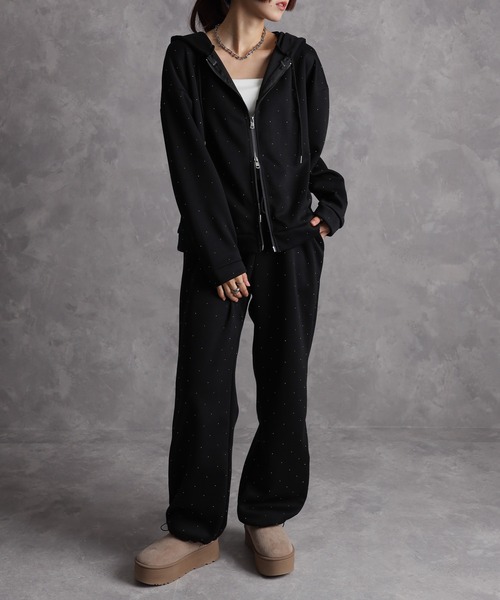 セール】2点セット ジルコン付パーカー+スウェットパンツセットアップ