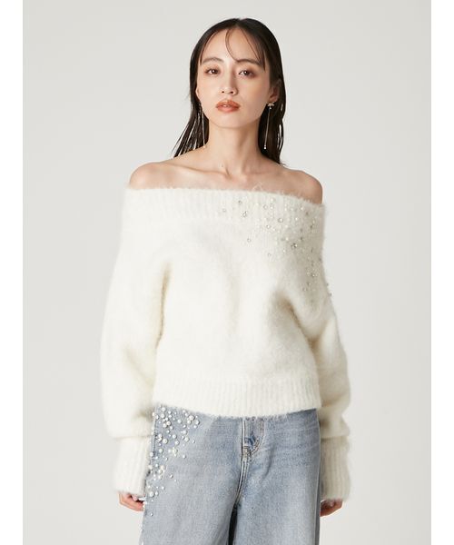 FRAY I.D(フレイアイディー)の「アルパカシャギービジューオフショルニット(ニット/セーター・レディース・アイボリー/ライトグレー/ブルー・F)」の5枚目の写真