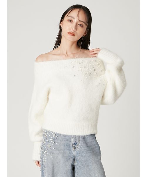 FRAY I.D(フレイアイディー)の「アルパカシャギービジューオフショルニット(ニット/セーター・レディース・アイボリー/ライトグレー/ブルー・F)」の12枚目の写真