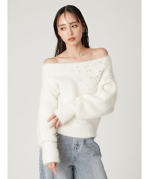 FRAY I.D(フレイアイディー)の「アルパカシャギービジューオフショルニット(ニット/セーター・レディース・アイボリー/ライトグレー/ブルー・F)」の13枚目の写真