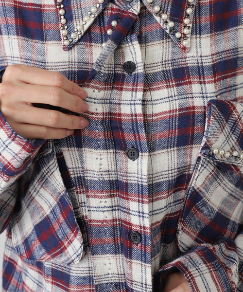 OPEN Yy(オープンワイワイ)の「【OPEN YY / オープンワイワイ】 Woven BEADED POCKET SHIRT YY254ST001(シャツ/ブラウス・レディース・レッド/ブラウン・SMALL/MEDIUM)」の9枚目の写真