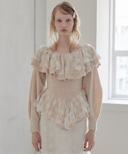 etre loin（エトルワン）の「Shiny lace frill knit top（ニット/セーター・レディース・グレー/ホワイト/ベージュ・M）」の14枚目の写真