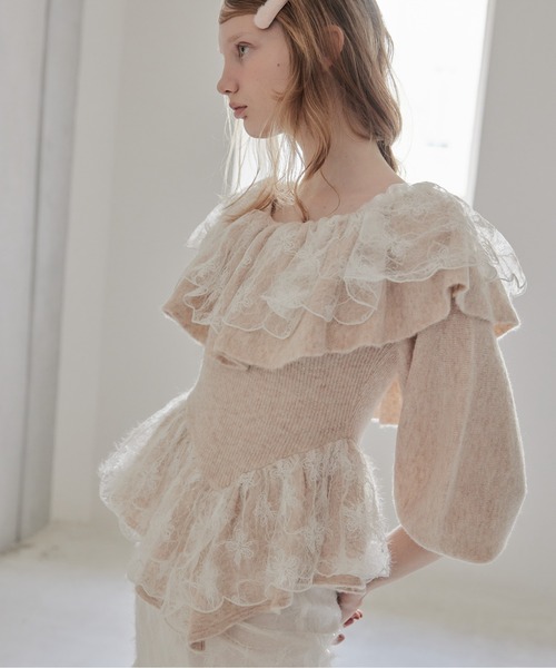 etre loin（エトルワン）の「Shiny lace frill knit top（ニット/セーター・レディース・グレー/ホワイト/ベージュ・M）」の5枚目の写真