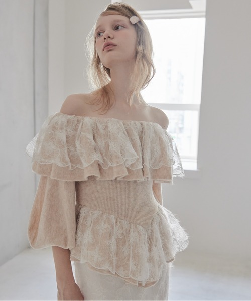 etre loin（エトルワン）の「Shiny lace frill knit top（ニット/セーター・レディース・グレー/ホワイト/ベージュ・M）」の6枚目の写真