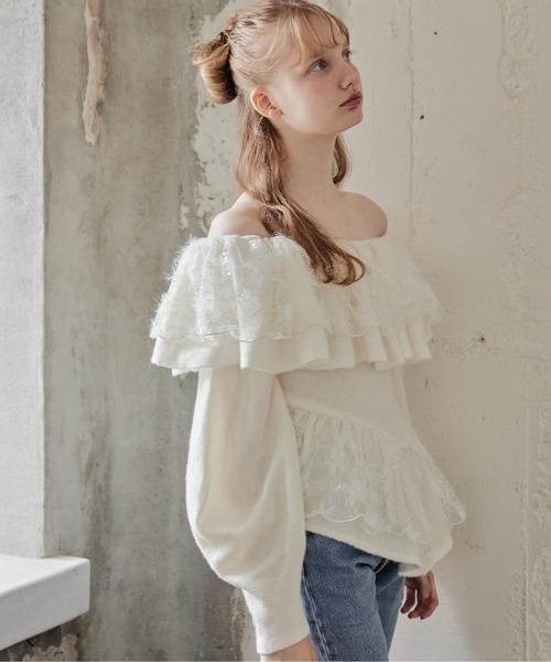 etre loin(エトルワン)の「Shiny lace frill knit top(ニット/セーター・レディース・グレー/ホワイト/ベージュ・M)」の6枚目の写真
