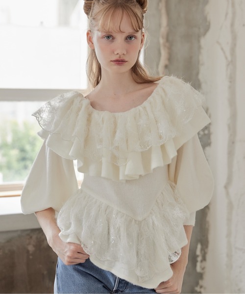 etre loin(エトルワン)の「Shiny lace frill knit top(ニット/セーター・レディース・グレー/ホワイト/ベージュ・M)」の7枚目の写真