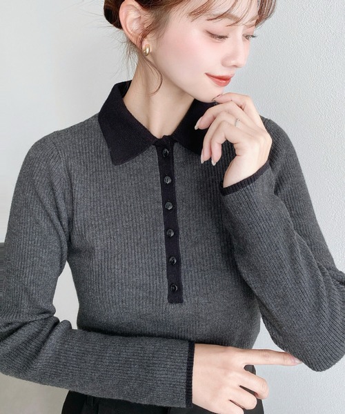 moment+(モーメントプラス)の「配色ポロニットプルオーバー(Tシャツ/カットソー・レディース・ブラック/アイボリー/ボルドー/ブラウン/ネイビー/チャコールグレー・M)」の4枚目の写真