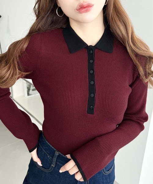 moment+(モーメントプラス)の「配色ポロニットプルオーバー(Tシャツ/カットソー・レディース・ブラック/アイボリー/ボルドー/ブラウン/ネイビー/チャコールグレー・M)」の1枚目の写真