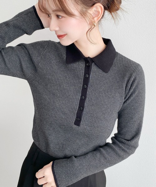 moment+(モーメントプラス)の「配色ポロニットプルオーバー(Tシャツ/カットソー・レディース・ブラック/アイボリー/ボルドー/ブラウン/ネイビー/チャコールグレー・M)」の9枚目の写真