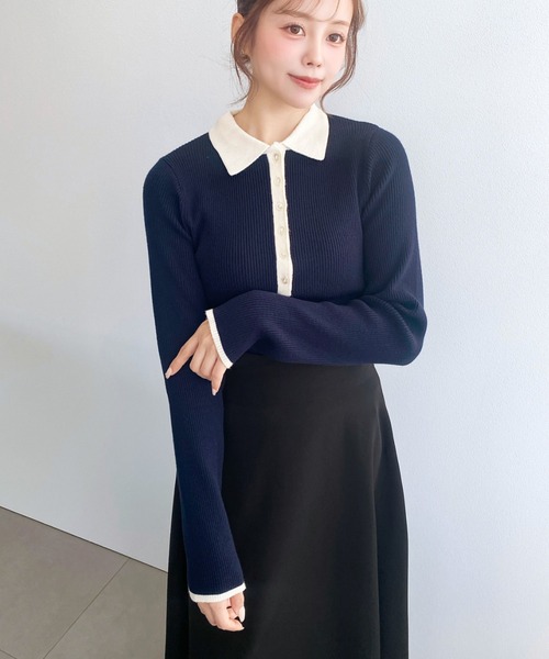 moment+(モーメントプラス)の「配色ポロニットプルオーバー(Tシャツ/カットソー・レディース・ブラック/アイボリー/ボルドー/ブラウン/ネイビー/チャコールグレー・M)」の7枚目の写真