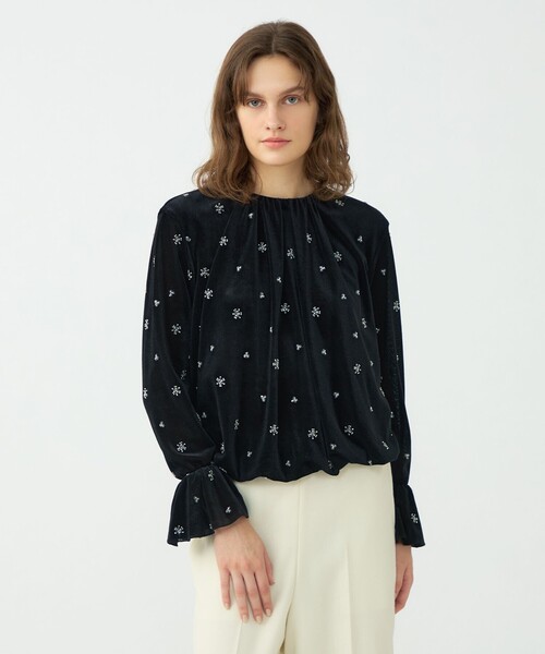 メッシュベロアエンブロイダリー ラッフルカフスブラウス（シャツ