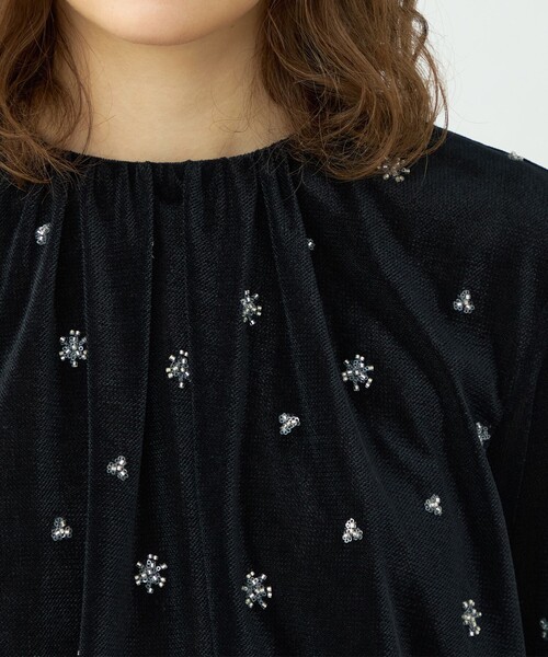 メッシュベロアエンブロイダリー ラッフルカフスブラウス（シャツ