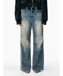 YEEL（ワイイーイーエル）の「LOGO PRINT PANELED PANTS BLUE（デニムパンツ）」