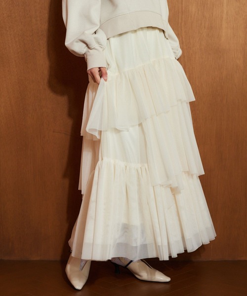 mysty woman（ミスティウーマン）の「チュールティアードスカート 636955（スカート・レディース・チャコールグレー/ライトグレー/アイボリー・FREE）」の2枚目の写真