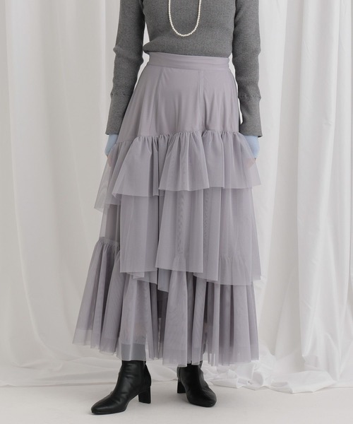 mysty woman（ミスティウーマン）の「チュールティアードスカート 636955（スカート・レディース・チャコールグレー/ライトグレー/アイボリー・FREE）」の4枚目の写真