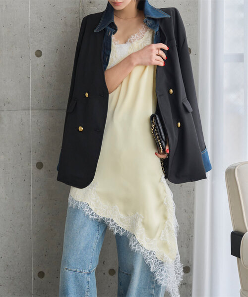 KOBE LETTUCE（コウベレタス）の「サテンレースアシメロングキャミソール（キャミソール・レディース・アイボリー/ブラック/ブラウン/ホワイト×イエロー/ホワイト×ブラック・M）」の4枚目の写真