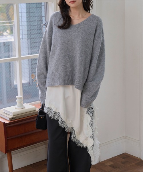 KOBE LETTUCE（コウベレタス）の「サテンレースアシメロングキャミソール（キャミソール・レディース・アイボリー/ブラック/ブラウン・M）」の5枚目の写真