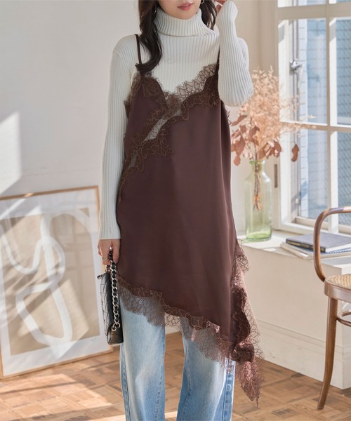 KOBE LETTUCE（コウベレタス）の「サテンレースアシメロングキャミソール（キャミソール・レディース・アイボリー/ブラック/ブラウン・M）」の9枚目の写真