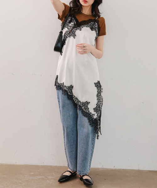 KOBE LETTUCE（コウベレタス）の「サテンレースアシメロングキャミソール（キャミソール・レディース・アイボリー/ブラック/ブラウン/ホワイト×イエロー/ホワイト×ブラック・M）」の17枚目の写真