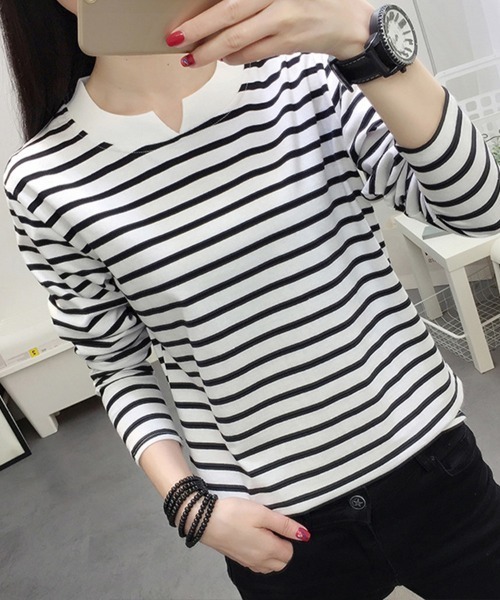 SallyLunn(サリーラン)の「キーネックボーダーロンT(Tシャツ/カットソー・レディース・スミクロ/ホワイト・LARGE/MEDIUM)」の6枚目の写真