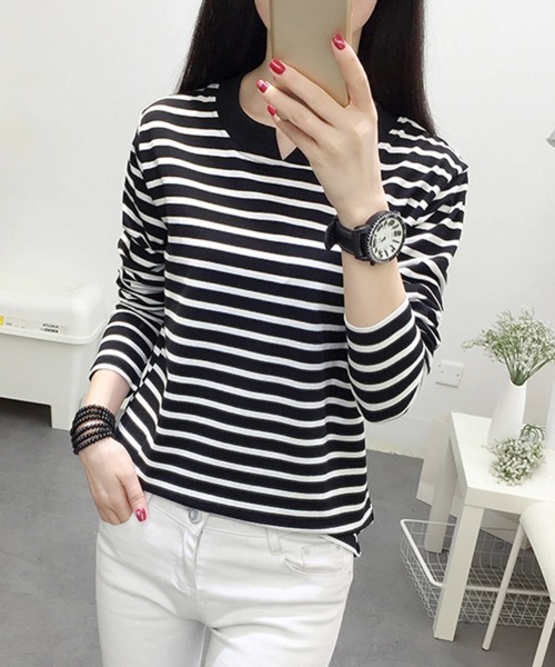 SallyLunn(サリーラン)の「キーネックボーダーロンT(Tシャツ/カットソー・レディース・スミクロ/ホワイト・LARGE/MEDIUM)」の5枚目の写真