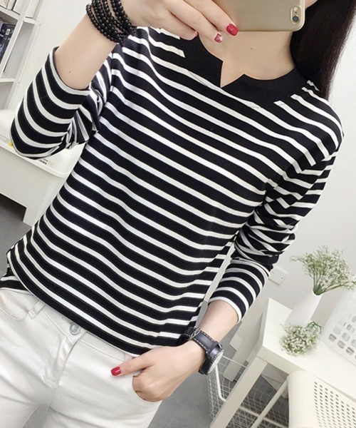 SallyLunn(サリーラン)の「キーネックボーダーロンT(Tシャツ/カットソー・レディース・スミクロ/ホワイト・LARGE/MEDIUM)」の4枚目の写真
