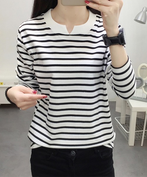SallyLunn(サリーラン)の「キーネックボーダーロンT(Tシャツ/カットソー・レディース・スミクロ/ホワイト・LARGE/MEDIUM)」の3枚目の写真