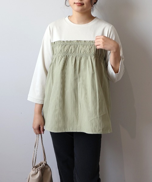 MB mint breeze(エムビーミントブリーズ)の「【L~6L 大きいサイズ】レイヤード風シャーリングプルオーバー(Tシャツ/カットソー・レディース・ブルー/カーキ/ブラック・LL/5L/4L/3L/6L)」の2枚目の写真