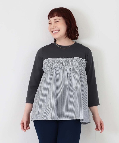 MB mint breeze(エムビーミントブリーズ)の「【L~6L 大きいサイズ】レイヤード風シャーリングプルオーバー(Tシャツ/カットソー・レディース・ブルー/カーキ/ブラック・LL/5L/4L/3L/6L)」の3枚目の写真