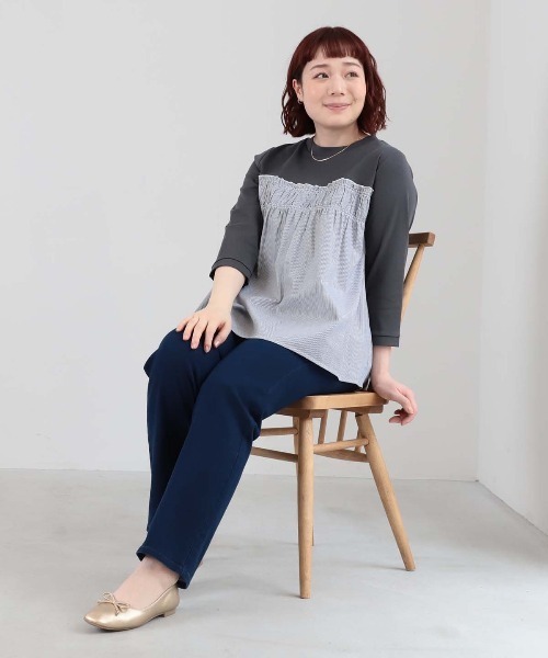 MB mint breeze(エムビーミントブリーズ)の「【L~6L 大きいサイズ】レイヤード風シャーリングプルオーバー(Tシャツ/カットソー・レディース・ブルー/カーキ/ブラック・LL/5L/4L/3L/6L)」の8枚目の写真
