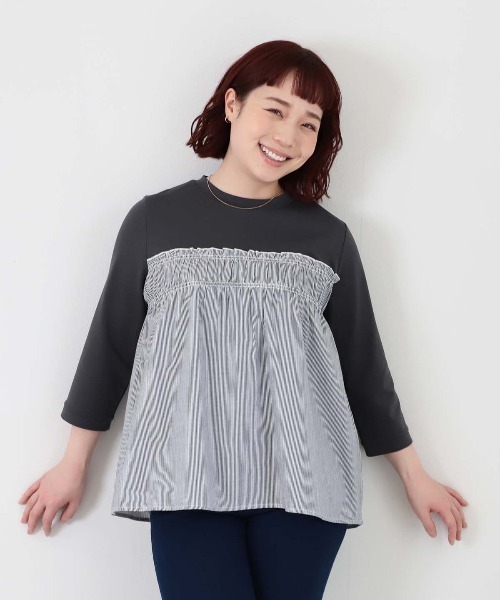 MB mint breeze(エムビーミントブリーズ)の「【L~6L 大きいサイズ】レイヤード風シャーリングプルオーバー(Tシャツ/カットソー・レディース・ブルー/カーキ/ブラック・LL/5L/4L/3L/6L)」の6枚目の写真