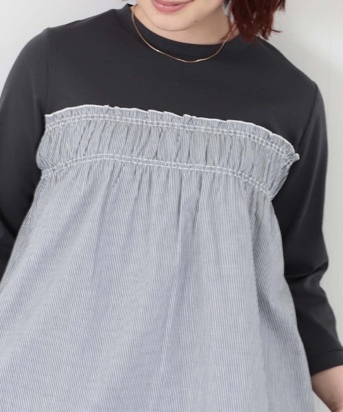 MB mint breeze(エムビーミントブリーズ)の「【L~6L 大きいサイズ】レイヤード風シャーリングプルオーバー(Tシャツ/カットソー・レディース・ブルー/カーキ/ブラック・LL/5L/4L/3L/6L)」の4枚目の写真