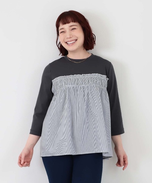 MB mint breeze(エムビーミントブリーズ)の「【L~6L 大きいサイズ】レイヤード風シャーリングプルオーバー(Tシャツ/カットソー・レディース・ブルー/カーキ/ブラック・LL/5L/4L/3L/6L)」の12枚目の写真