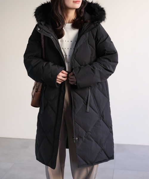 セール】【premium】 フードファー配色キルティングダウンコート