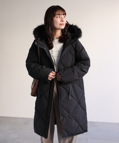 セール】【premium】 フードファー配色キルティングダウンコート