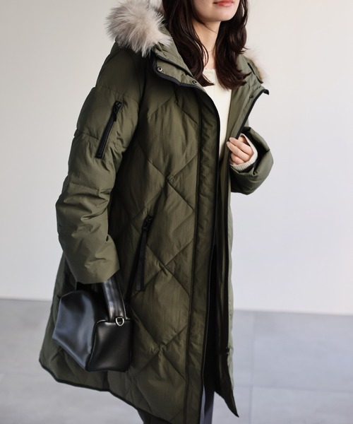 セール】【premium】 フードファー配色キルティングダウンコート