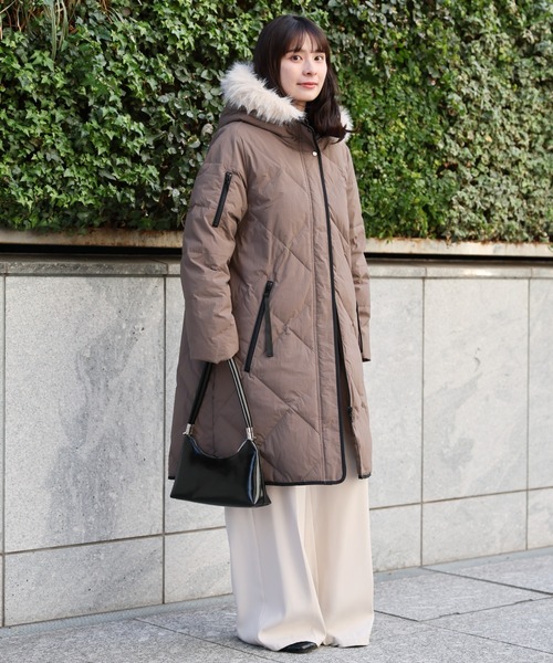セール】【premium】 フードファー配色キルティングダウンコート