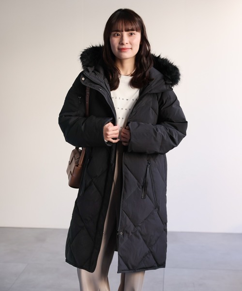セール】【premium】 フードファー配色キルティングダウンコート