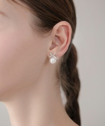【LEJA】シルバーストーンパールリボンピアス結婚式 パーティー 成人式 二次会 同窓会 お呼ばれ オケージョン 20代 30代