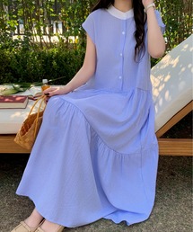 【26年春夏新作】フレンチスリーブリラックスバックリボンロングフレアワンピース 無地/ストライプ