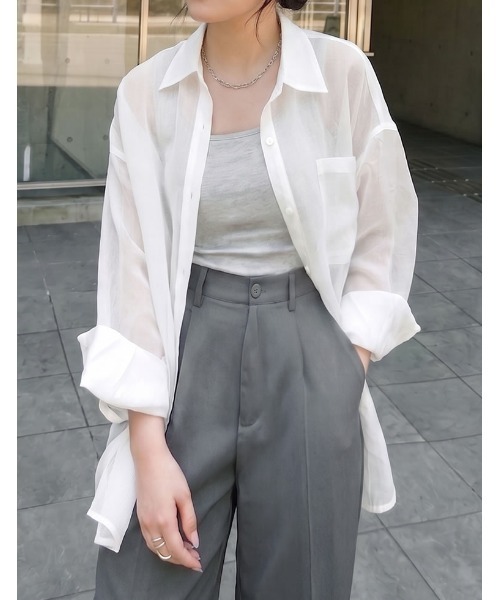 Re:EDIT（リエディ）の「[2026S/S COLLECTION]2WAYシャイニーシアーシャツ（シャツ/ブラウス・レディース・ホワイト/ミント/ブルー/グレー・LARGE/MEDIUM）」の2枚目の写真