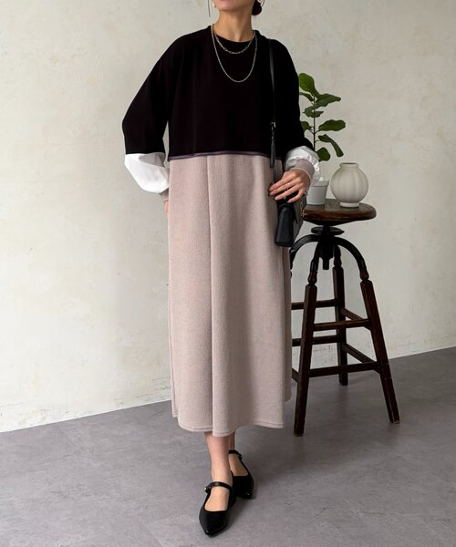 Chez toi（シェトワ）の「ポンチドッキンワンピース（ワンピース・レディース・ベージュ/ブラック/チャコールグレー・FREE）」の4枚目の写真