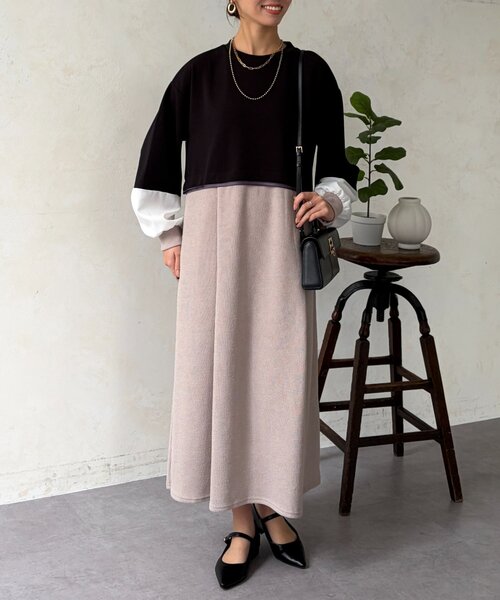 Chez toi（シェトワ）の「ポンチドッキンワンピース（ワンピース・レディース・ベージュ/ブラック/チャコールグレー・FREE）」の6枚目の写真