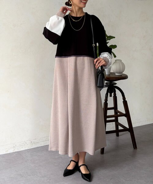 Chez toi（シェトワ）の「ポンチドッキンワンピース（ワンピース・レディース・ベージュ/ブラック/チャコールグレー・FREE）」の7枚目の写真