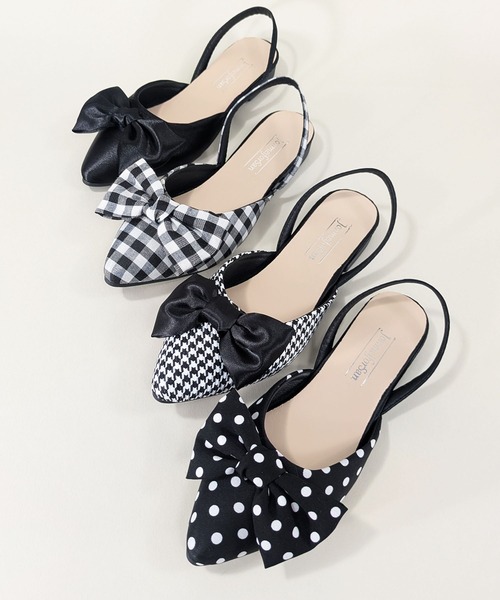 styiro(スタイロ)の「水玉 チェック柄 千鳥格子 リボンフラットミュール ポインテッド トゥ バックストラップパンプス(パンプス・レディース・ハウンドトゥース/チェック/ドット/ブラック・39/38/37/36)」の5枚目の写真