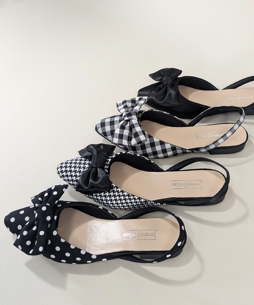 styiro(スタイロ)の「水玉 チェック柄 千鳥格子 リボンフラットミュール ポインテッド トゥ バックストラップパンプス(パンプス・レディース・ハウンドトゥース/チェック/ドット/ブラック・39/38/37/36)」の6枚目の写真
