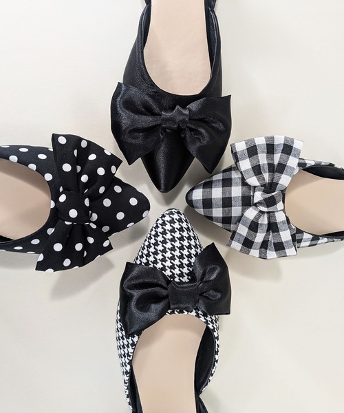 styiro(スタイロ)の「水玉 チェック柄 千鳥格子 リボンフラットミュール ポインテッド トゥ バックストラップパンプス(パンプス・レディース・ハウンドトゥース/チェック/ドット/ブラック・39/38/37/36)」の7枚目の写真
