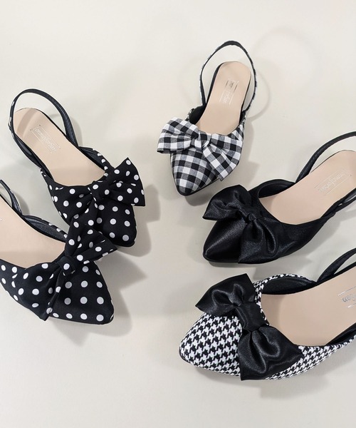 styiro(スタイロ)の「水玉 チェック柄 千鳥格子 リボンフラットミュール ポインテッド トゥ バックストラップパンプス(パンプス・レディース・ハウンドトゥース/チェック/ドット/ブラック・39/38/37/36)」の8枚目の写真
